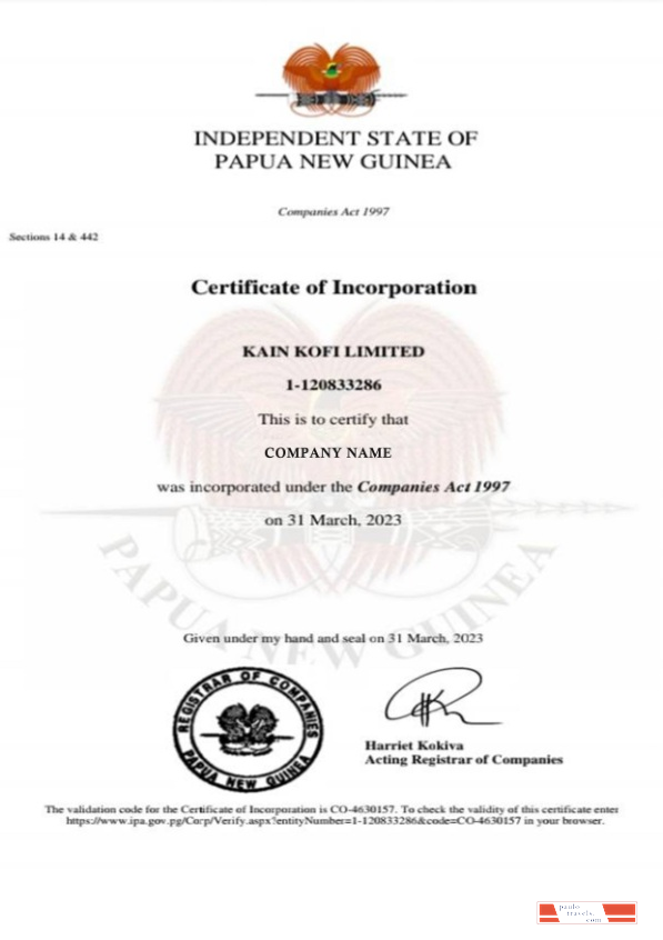 Papua New Guinea Certificate of Incorporation